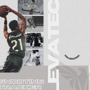 Puede incluir: Gráfico en escala de grises que promociona un paquete de seguimiento de tiros de baloncesto. La imagen presenta a un jugador de baloncesto en acción, con una serie de imágenes más pequeñas que muestran jugadas de baloncesto. El texto incluye "SHOOTING TRACKER BUNDLE" y "ELEVATECO."