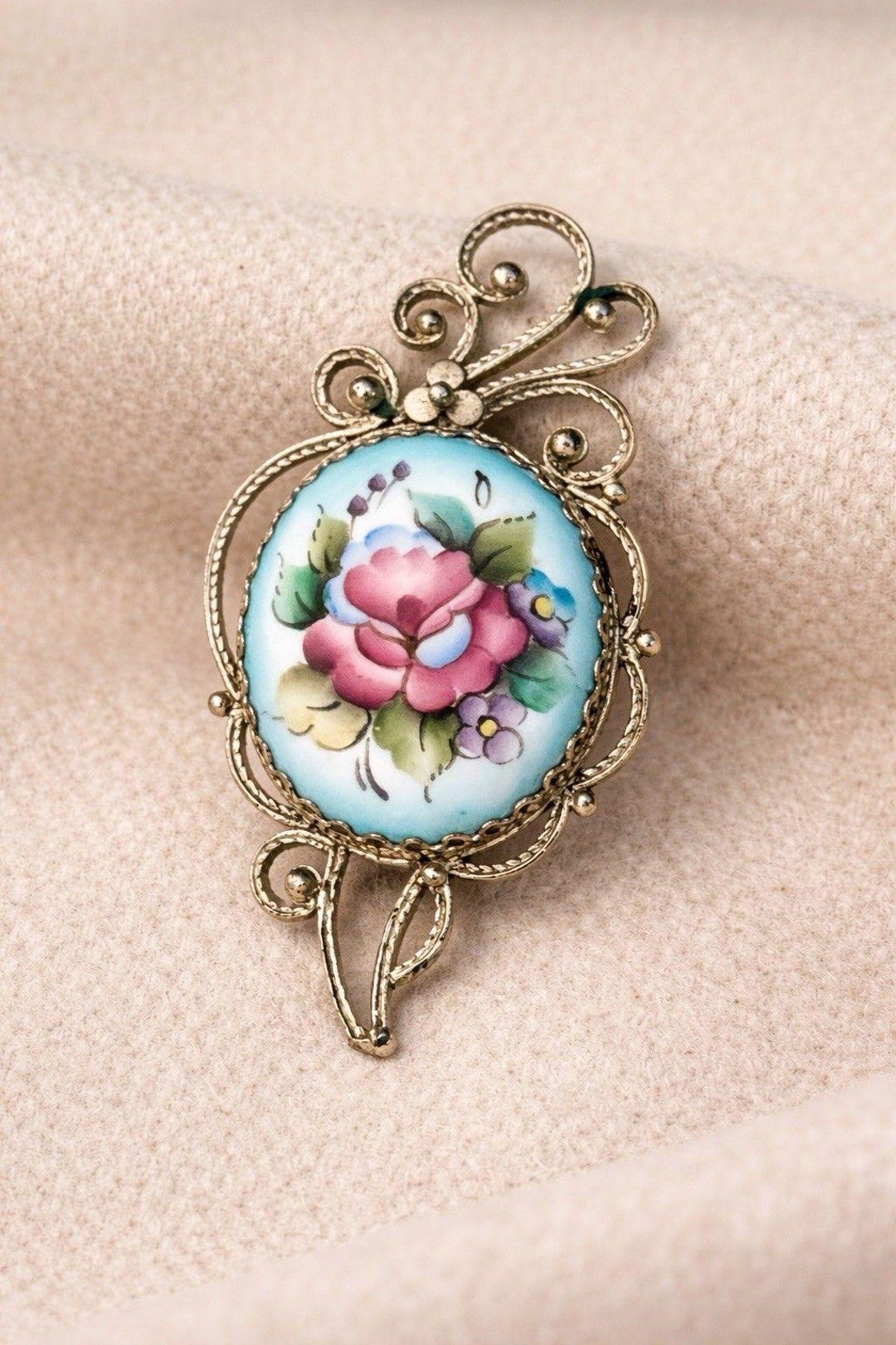 Vintage Hand-painted Porcelain Floral Brooch Pink Rose Filigree ...