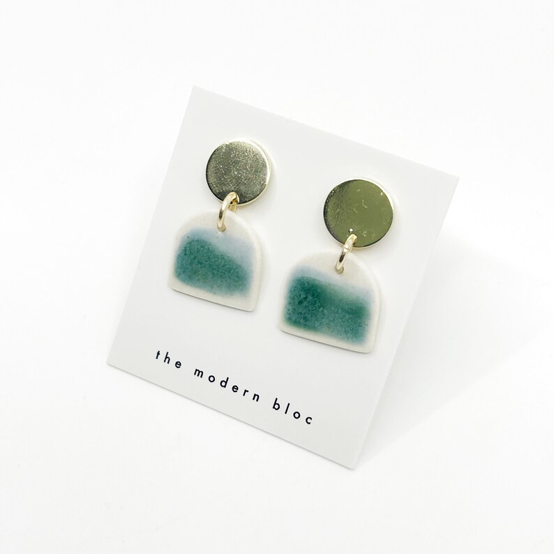 Ade Medium Modern Arch Porcelain Earrings Ocean/Green Glaze, Porcelain Dangle Earrings, Modern Earrings, Porcelain Jewelry, Gift image 2