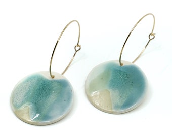 Camden - Multi-Colored Shades of Blue Glaze, Modern Circle Porcelain Hoop Earrings, Porcelain Earrings, Modern Earrings, Porcelain Jewelry