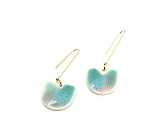 London - Pink, Aqua Glass, Blue-Green, Modern Porcelain and Gold Plated Earrings, Porcelain Earrings, Modern Earrings, Porcelain Jewelry