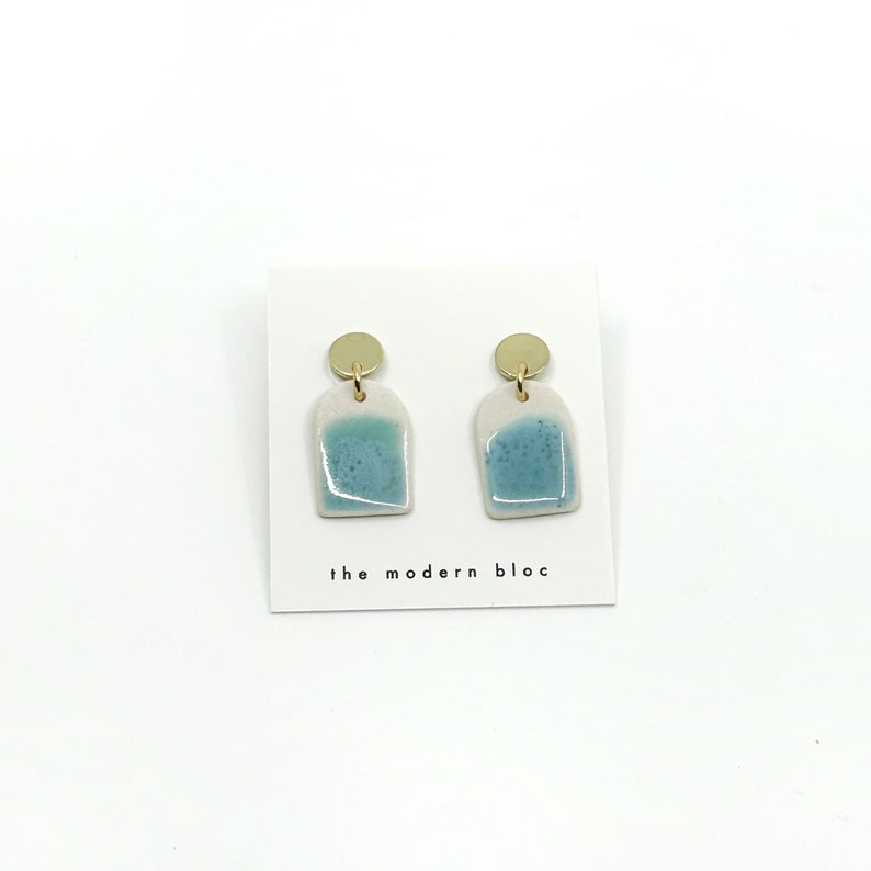 Ade Small Long Modern Arch Porcelain Earrings, Ocean/Sea Glass Glaze, Porcelain Dangle Earrings, Modern Earrings, Porcelain Jewelry image 2