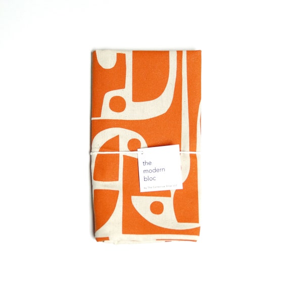 Natural Kitchen Towel - Mid Century Shapes - Burnt Orange Screen-Printed Towel, Gift, Housewarming Gift, Modern, Gift Under 20