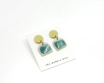 Ade - Medium Modern Arch Porcelain Earrings - Ocean/Green Glaze, Porcelain Dangle Earrings, Modern Earrings, Porcelain Jewelry, Gift