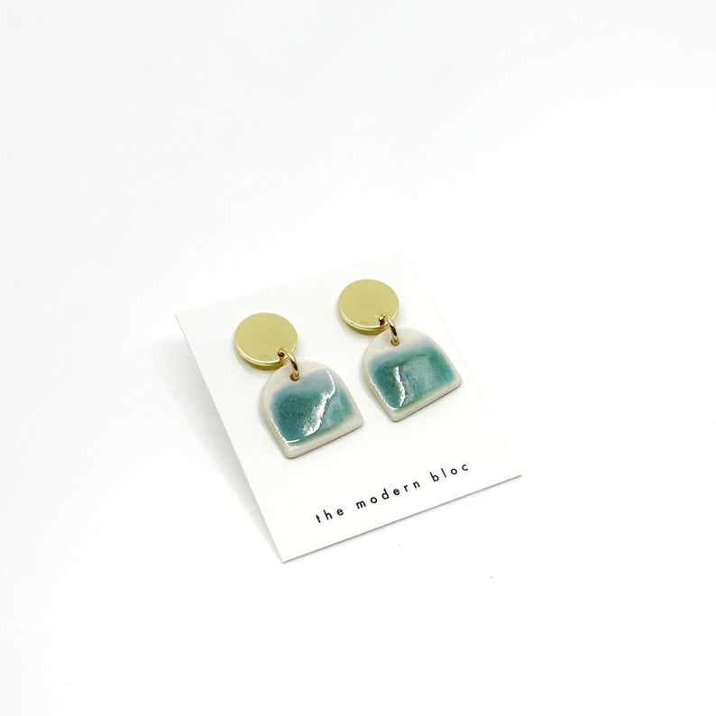 Ade Medium Modern Arch Porcelain Earrings Ocean/Green Glaze, Porcelain Dangle Earrings, Modern Earrings, Porcelain Jewelry, Gift image 1