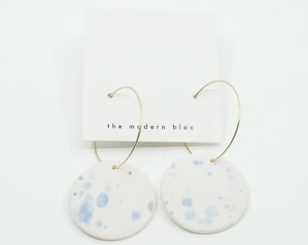 Camden - Light Blue Splatter/Matte White Glaze, Modern Circle Porcelain Hoop Earrings, Porcelain Earrings, Modern Earrings, Gift