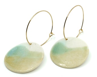 Camden - Pale Yellow, Light Sea Glass Glaze, Modern Circle Porcelain Hoop Earrings, Porcelain Earrings, Modern Earrings, Porcelain Jewelry