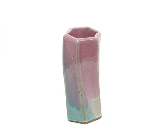 Medium Hexagon Tube Vase 055 - Pink, Aqua, and Cream Glaze, Housewarming gift, Modern Vase, Minimalist, Modern Decor