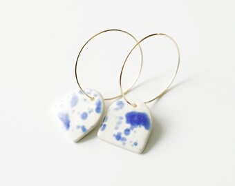 Avery - Modern Arch Porcelain Hoop Earrings, White/Cobalt Splatter Glaze, Porcelain Earrings, Modern Earrings, Porcelain Jewelry, Gift