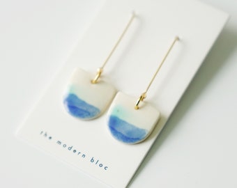 London - Sea Glass/Cobalt Blue Glaze, Modern Porcelain and Gold Plated Earrings, Porcelain Earrings, Modern Earrings, Porcelain Jewelry