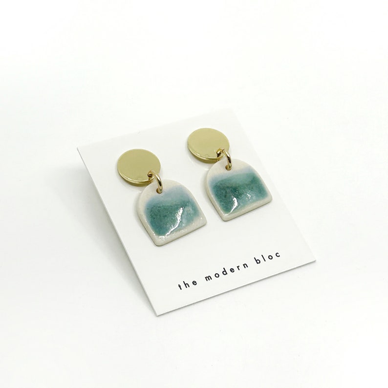 Ade Medium Modern Arch Porcelain Earrings Ocean/Green Glaze, Porcelain Dangle Earrings, Modern Earrings, Porcelain Jewelry, Gift image 3