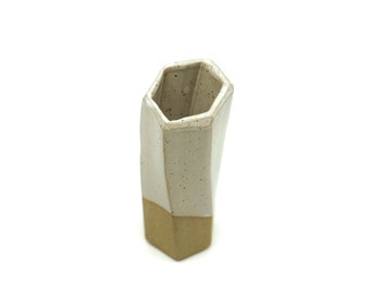 Medium Hexagon Tube Vase 097 -  Cream Glaze and Natural, Home Decor, Handmade, Housewarming Gift, Ceramic Vase, Geometric Decor, Minimalist