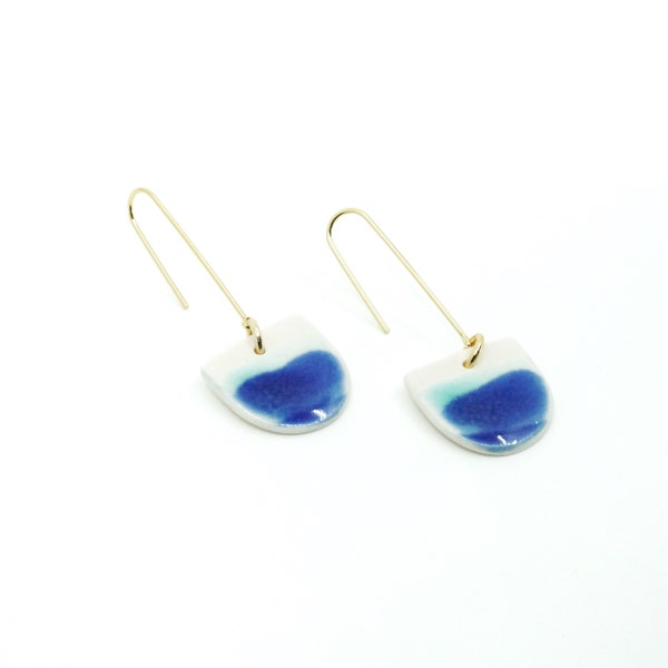 London - Sea Glass/Cobalt Blue Glaze, Modern Porcelain and Gold Plated Earrings, Porcelain Earrings, Modern Earrings, Porcelain Jewelry