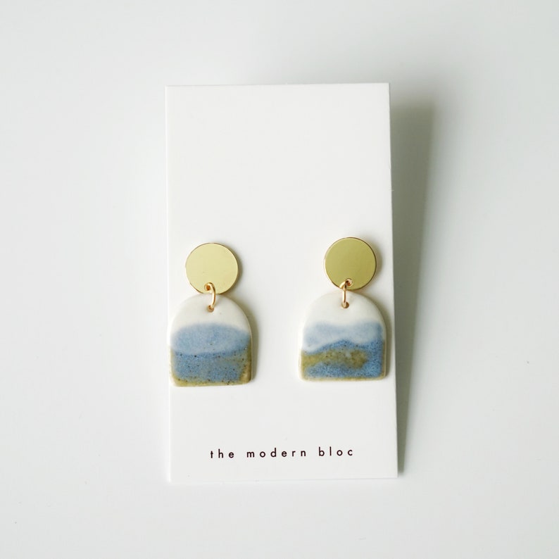 Ade Large Modern Arch Porcelain Earrings White and Sky Blue Glaze, Porcelain Dangle Earrings, Modern Earrings, Porcelain Jewelry, Gift image 2