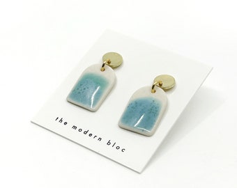 Ade - Small Long Modern Arch Porcelain Earrings, Ocean/Sea Glass Glaze, Porcelain Dangle Earrings, Modern Earrings, Porcelain Jewelry