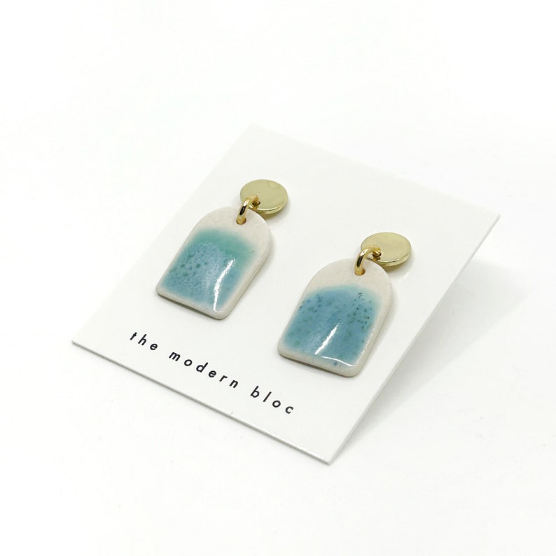 Ade Small Long Modern Arch Porcelain Earrings, Ocean/Sea Glass Glaze, Porcelain Dangle Earrings, Modern Earrings, Porcelain Jewelry image 1