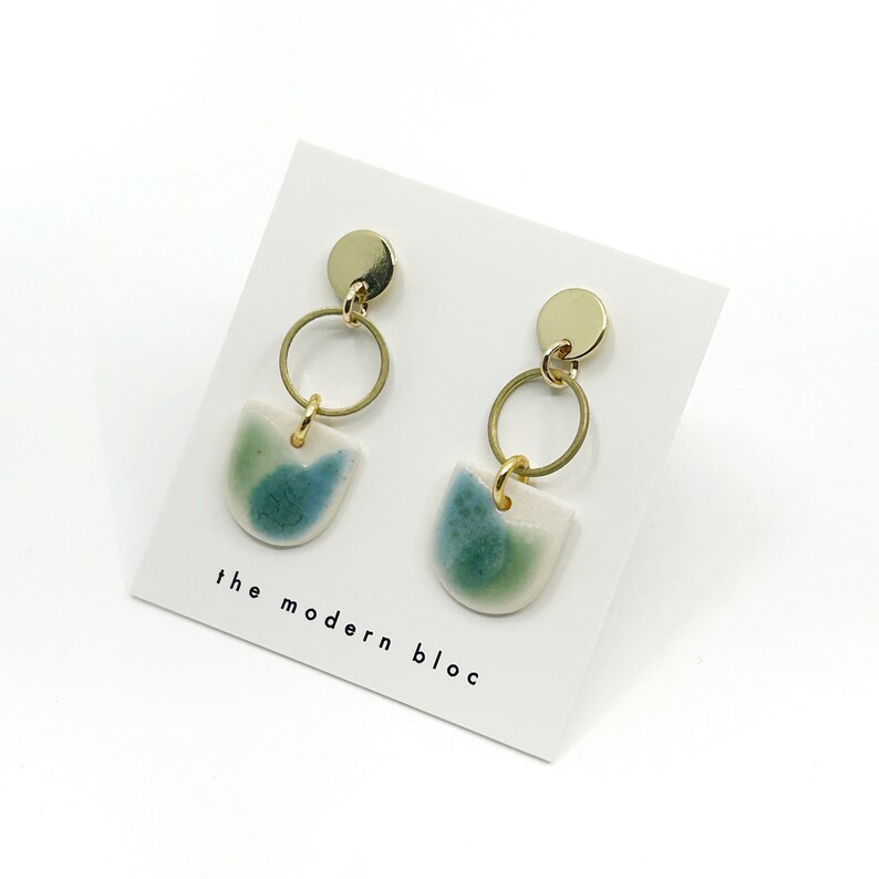 Hayden Small Modern Crescent Porcelain Earrings, Green/Ocean Glaze, Porcelain Earrings, Modern Earrings, Porcelain Jewelry, Gift image 3