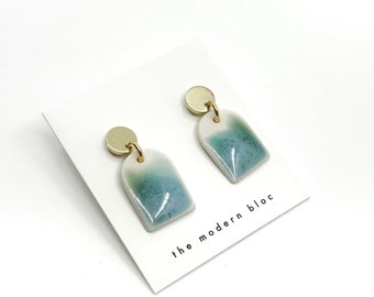 Ade - Small Long Modern Arch Porcelain Earrings, Green/Ocean/Sea Glass Glaze, Porcelain Dangle Earrings, Modern Earrings, Porcelain Jewelry