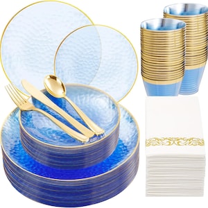 Clear Blue Plastic Dinnerware Set for 25 Guests | Gold Rim Party Plates Cups Cutlery | Blue Wedding Tableware | 175 Piece Set