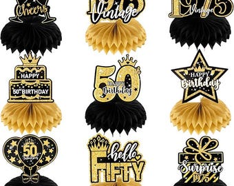9pcs 50th Birthday Centerpieces | Black Gold 1975 Party Decor | Honeycomb Table Decorations | Fifty Birthday Decor Set
