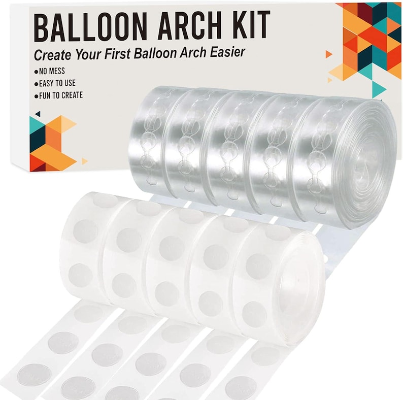 DIY balloon arch kit with 82ft balloon strip and 500 glue dot adhesive points for creating balloon garlands, arches, and party decorations. Easy decorating set for birthdays, weddings, baby showers, graduations, and events. Flexible strip design holds balloons securely in custom shapes. Perfect for photo backdrops, entrance arches, dessert tables, stage decor, and festive celebrations. Ideal DIY party decoration kit for fast and professional looking balloon setups.