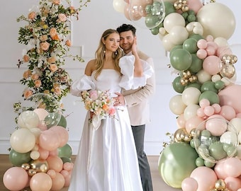 132 pcs Kit d'arche de ballons vert sauge et or rose Boho Baby Shower Decor Pêche Ivoire