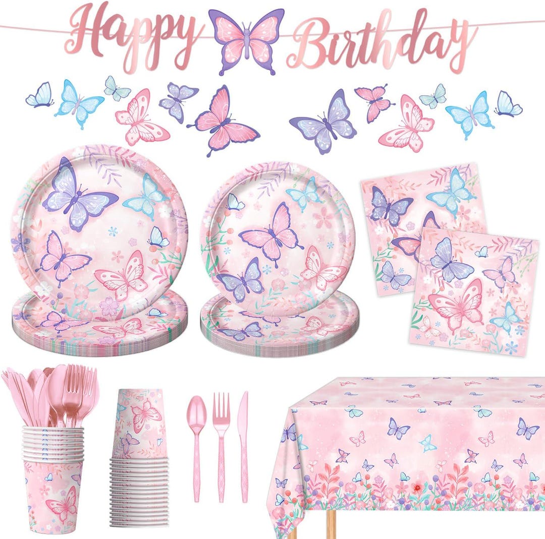 Butterfly Birthday Party Supplies Set | Disposable Plates Cups Napkins ...