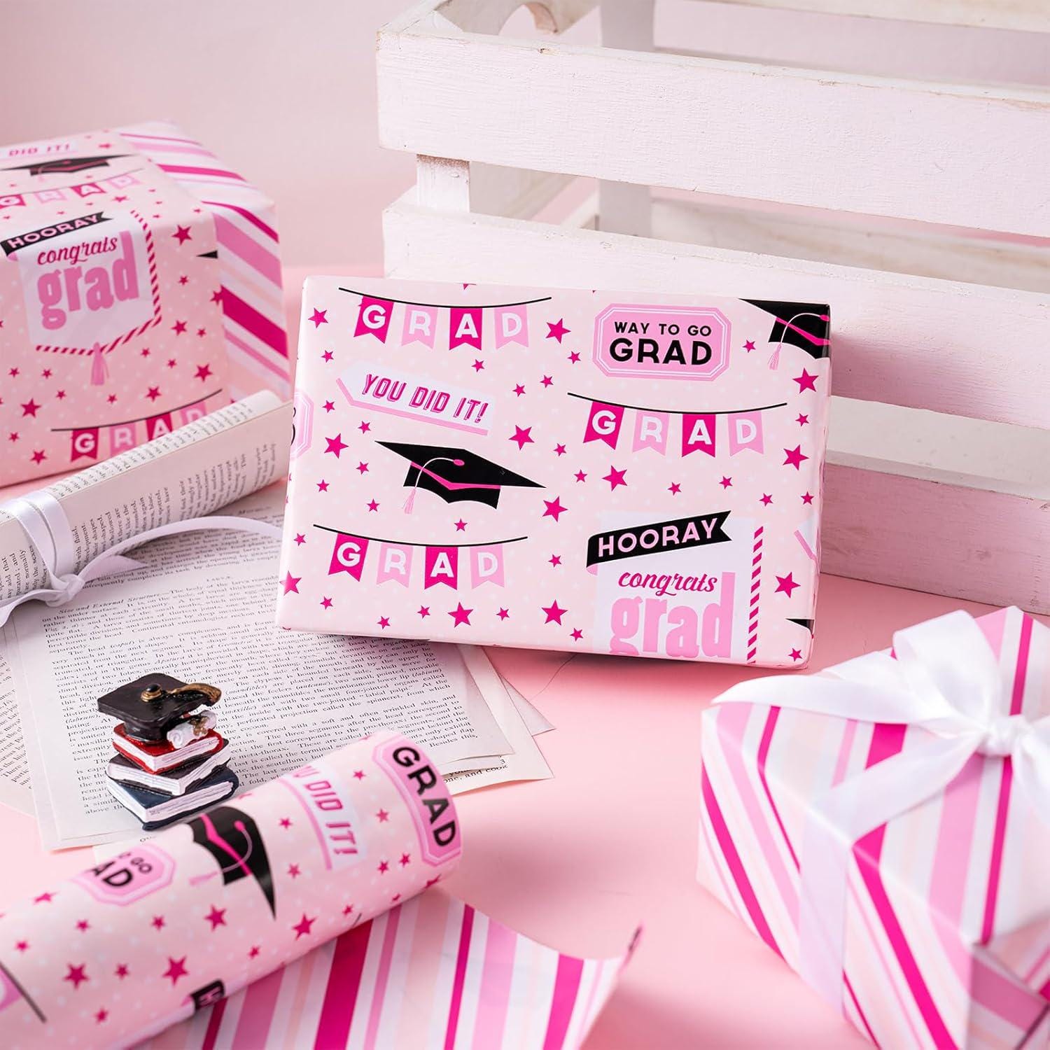 Graduation Wrapping Paper Pink | Reversible Mini Roll 17in X 32.8ft ...