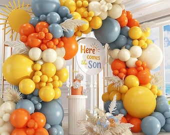 412 PCS Here Comes the Sun Balloon Garland Kit | Boho Retro Balloon Arch | Sun Theme Party Decor | Mustard Orange Blue Balloons