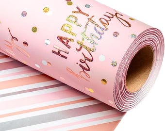 Pink Metallic Holographic Birthday Wrapping Paper Roll | Reversible Stripe Gift Wrap 17 x 33 Feet | Girls Boys Kids Men