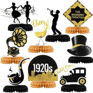 9pcs Roaring 20s Honeycomb Centerpieces | Black Gold 1920s Party Decorations | Vintage Jazz Table Toppers Wedding Decor