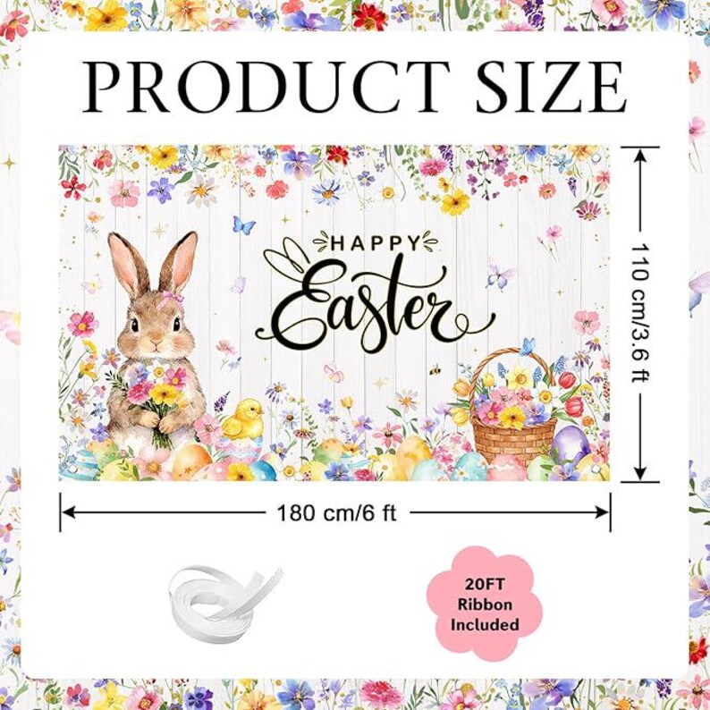 Happy Easter Backdrop Banner Spring Bunny Eggs Wildflower Party ...