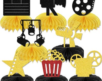 8 centros de mesa de panal de abeja con temática de películas de Hollywood, decoraciones de mesa en negro y dorado para cumpleaños y despedidas de soltera.