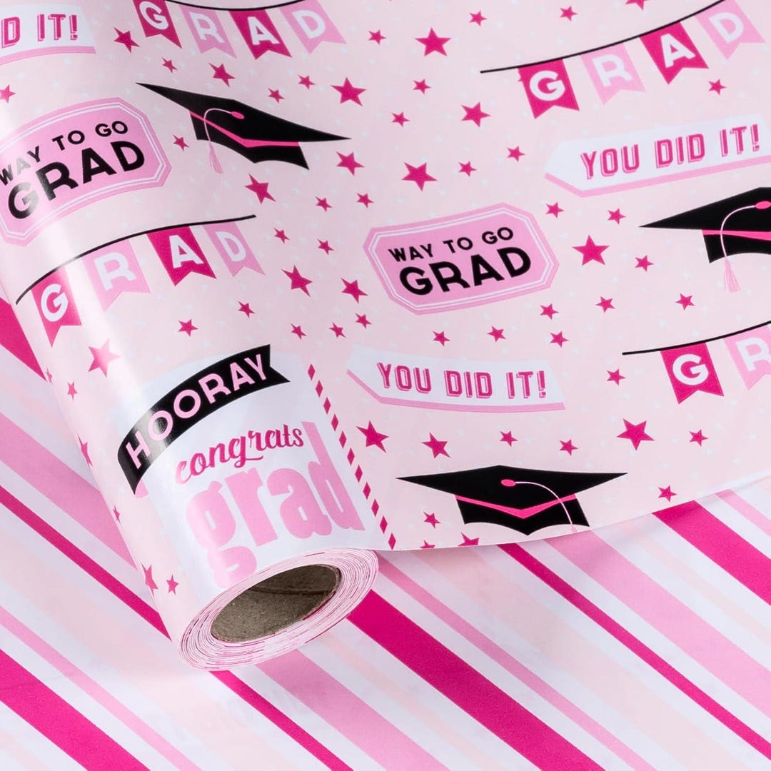 Graduation Wrapping Paper Pink | Reversible Mini Roll 17in X 32.8ft ...