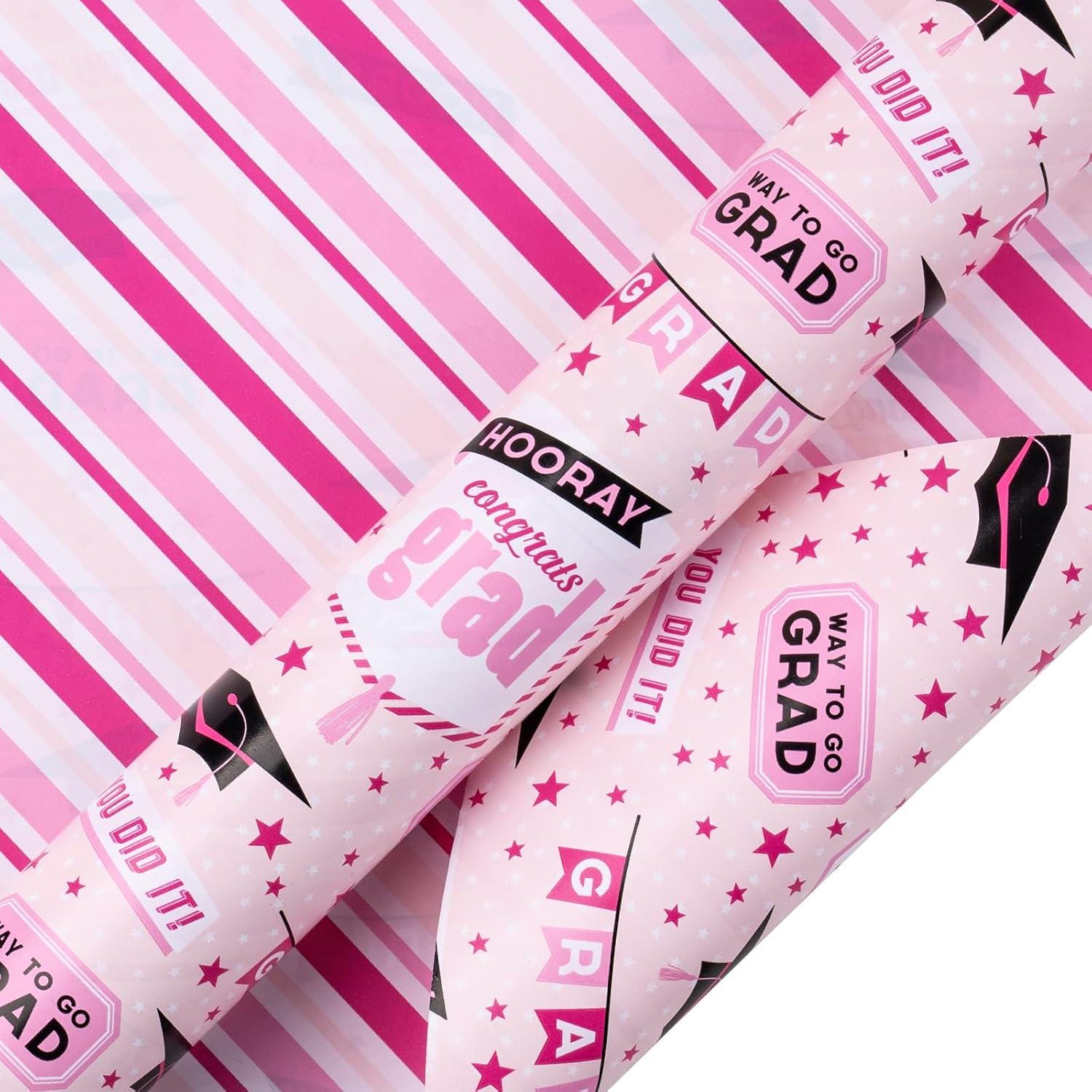 Graduation Wrapping Paper Pink | Reversible Mini Roll 17in X 32.8ft ...