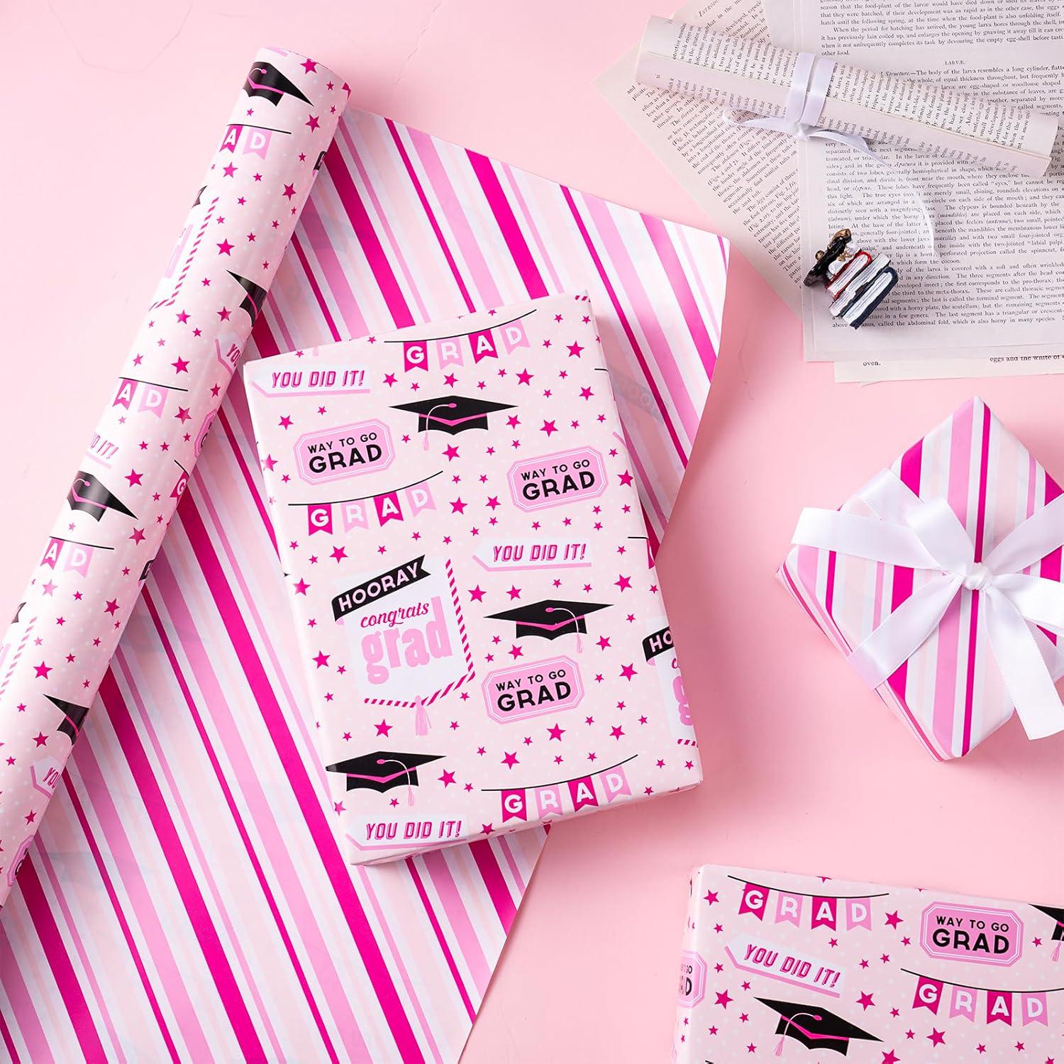 Graduation Wrapping Paper Pink | Reversible Mini Roll 17in X 32.8ft ...