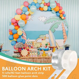 DIY balloon arch kit with 82ft balloon strip and 500 glue dot adhesive points for creating balloon garlands, arches, and party decorations. Easy decorating set for birthdays, weddings, baby showers, graduations, and events. Flexible strip design holds balloons securely in custom shapes. Perfect for photo backdrops, entrance arches, dessert tables, stage decor, and festive celebrations. Ideal DIY party decoration kit for fast and professional looking balloon setups.