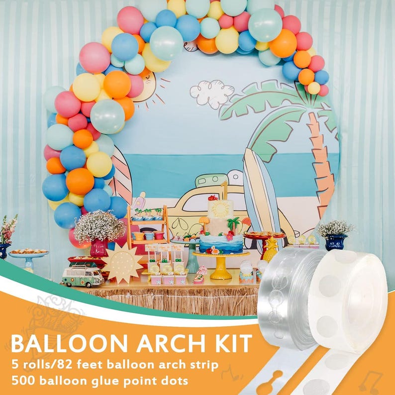 DIY balloon arch kit with 82ft balloon strip and 500 glue dot adhesive points for creating balloon garlands, arches, and party decorations. Easy decorating set for birthdays, weddings, baby showers, graduations, and events. Flexible strip design holds balloons securely in custom shapes. Perfect for photo backdrops, entrance arches, dessert tables, stage decor, and festive celebrations. Ideal DIY party decoration kit for fast and professional looking balloon setups.