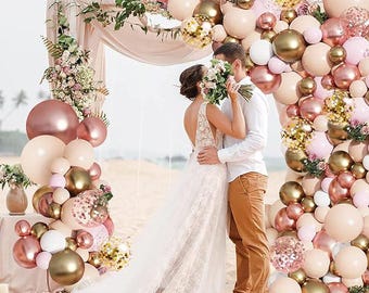 Kit d'arches de guirlandes de ballons en or rose : ballons confettis roses, blancs et dorés (129 pcs)