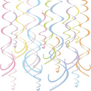 May include: A collection of hanging spiral decorations in pastel shades of pink, yellow, blue, green, purple, and orange. Each individual spiral features a thin, flexible design that twists downward, creating a dynamic, flowing visual effect.