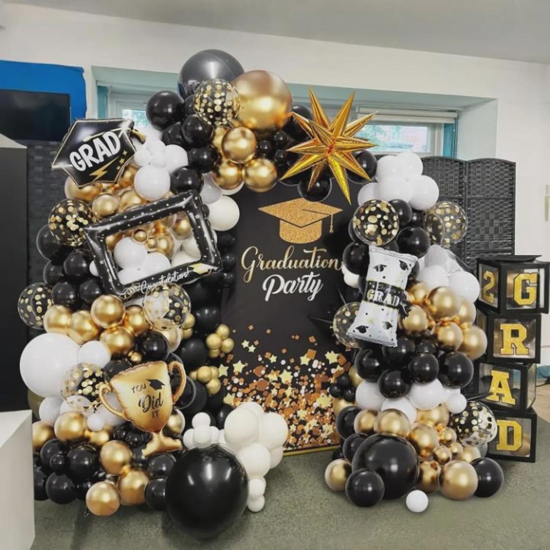 135pcs Graduation Balloon Garland Kit | Black Gold White Balloons Arch ...
