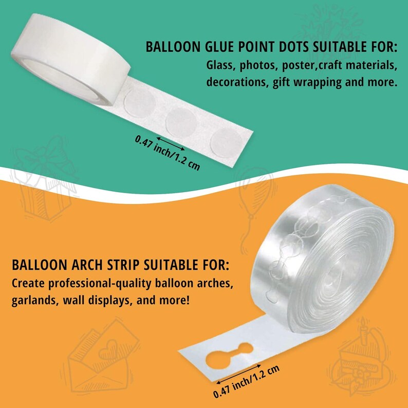 DIY balloon arch kit with 82ft balloon strip and 500 glue dot adhesive points for creating balloon garlands, arches, and party decorations. Easy decorating set for birthdays, weddings, baby showers, graduations, and events. Flexible strip design holds balloons securely in custom shapes. Perfect for photo backdrops, entrance arches, dessert tables, stage decor, and festive celebrations. Ideal DIY party decoration kit for fast and professional looking balloon setups.