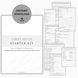 May include: A Freelancer Starter Kit with legal contracts and income tools. The kit includes a main document with the title "Freelancer Starter Kit" and several smaller documents with templates and checklists. The kit is designed to help start, protect, and grow a freelance business.