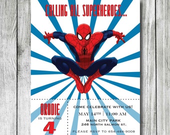 May include: Superhero-themed invitation featuring Spider-Man in a dynamic pose against a blue and white burst background. The invitation includes the text "Calling All Superheroes..." and details for a birthday party, including the name "Brodie" and age "4".