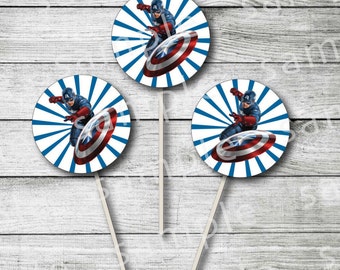Adornos para cupcakes del Capitán América: Decoración imprimible para fiestas (descarga digital)