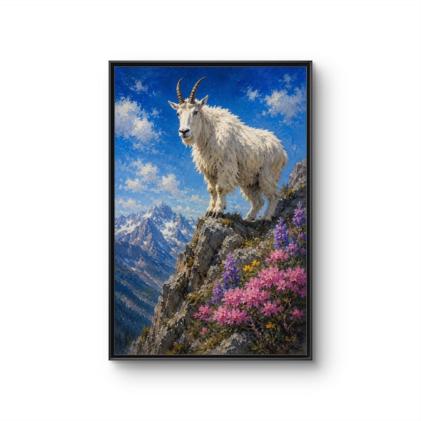 Mountain Goat on Rocky Outcrop Painting Framed Canvas Print