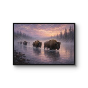 May include: A framed landscape print depicting a herd of brown bison wading through a misty river at sunrise. The scene features a calm body of water, a dense forest of pine trees in the background, and a soft pink and purple sky above the horizon.