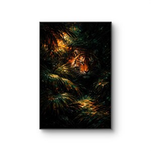 May include: A framed art print featuring a tiger in a jungle setting. The tiger's face is visible, with orange and black stripes. The artwork has a dark, moody color palette with green and brown foliage.