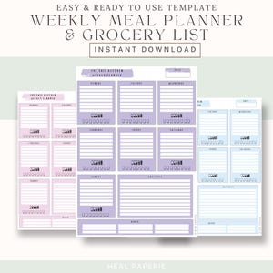 Puede incluir: Un conjunto de planificadores de comidas semanales e imprimibles y listas de compras en tonos morados, rosas y azules. Las plantillas incluyen secciones para cada día de la semana, con espacio para la planificación de comidas y las necesidades de la compra. El texto en la parte superior dice "EASY & READY TO USE TEMPLATE".