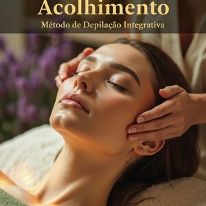 Pode incluir: Uma mulher recebendo uma massagem facial, com os olhos fechados, com as mãos tocando suavemente seu rosto. A imagem é da capa de um livro intitulado "A Arte do Acolhimento" (A Arte do Acolhimento), com o subtítulo "Método de Depilação Integrativa".